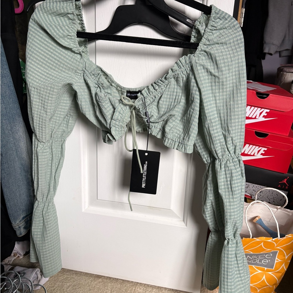 PrettyLittleThing Sage Green Gingham Ruched Milkmaid Crop Top
